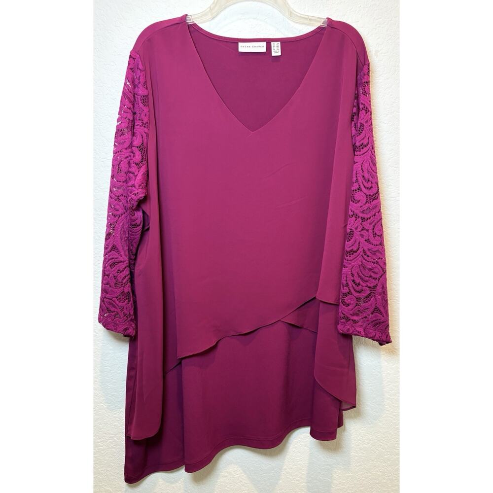 Susan Graver Liquid Knit Magenta Layered Blouse with Lace Sleeves Size 2X
